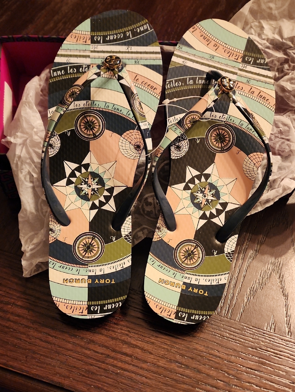 NIB Tory Burch Multicolor Geometric Logo Flip Flops - Pink, Blue, Green, Brown - Picture 3 of 7